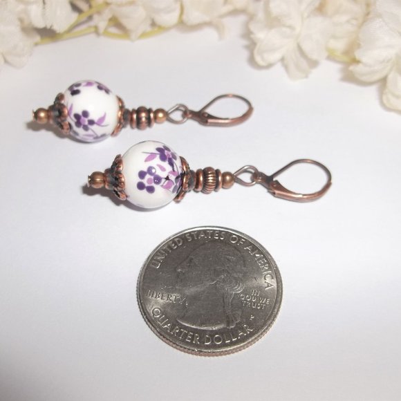 Boho Earring Set Floral Purple White and Rustic Copper Fashion Jewelry Set 7008 - Picture 6 of 9